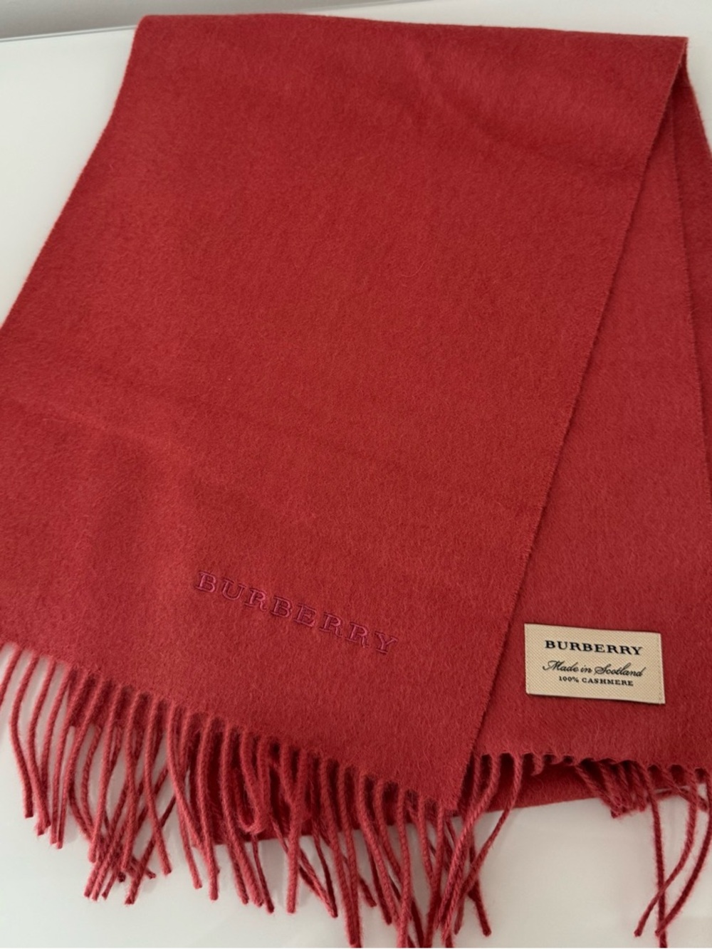 Burberry Coral-Red Cashmere Scarf with Fringe